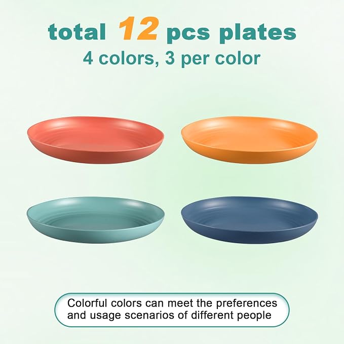 HEYCOME 12 Pcs Unbreakable Deep Dinner Plates Set, 10 inch Reusable Plastic Wheat Straw Plates, Microwave and Dishwasher Safe Plate for Kitchen, Lightweight Plate for Dessert, BPA Free, 4 Colors