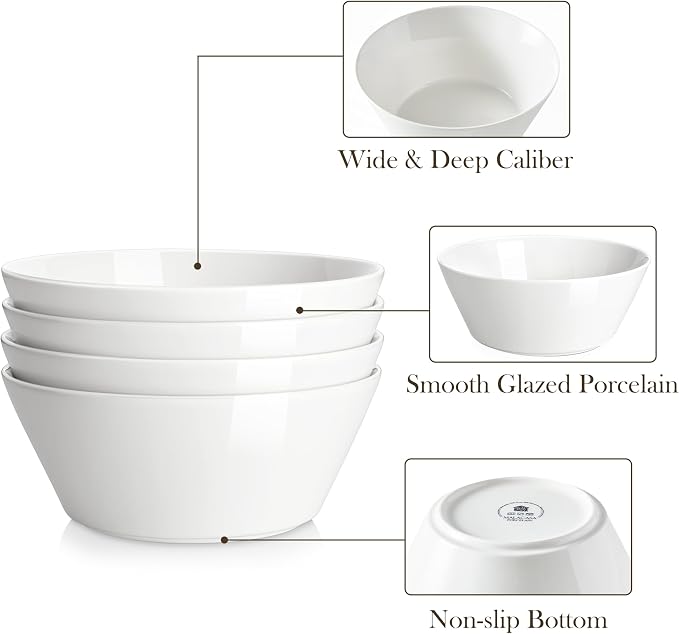 MALACASA 60 OZ Large Salad Soup Bowls Set of 4, White Ceramic Bowls | Deep Bowls for Kitchen, Family Salad, Ramen, Pasta, Pho, Fruit, Microwave & Dishwasher Safe Gift Set, Series REGULAR