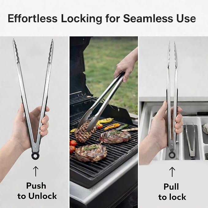 Kona 18-in Stainless Steel Locking Grill Tongs, Heavy-Duty, 1 Pack | Extended 18-in reach, locking design for easy storage, for grill, BBQ, and kitchen