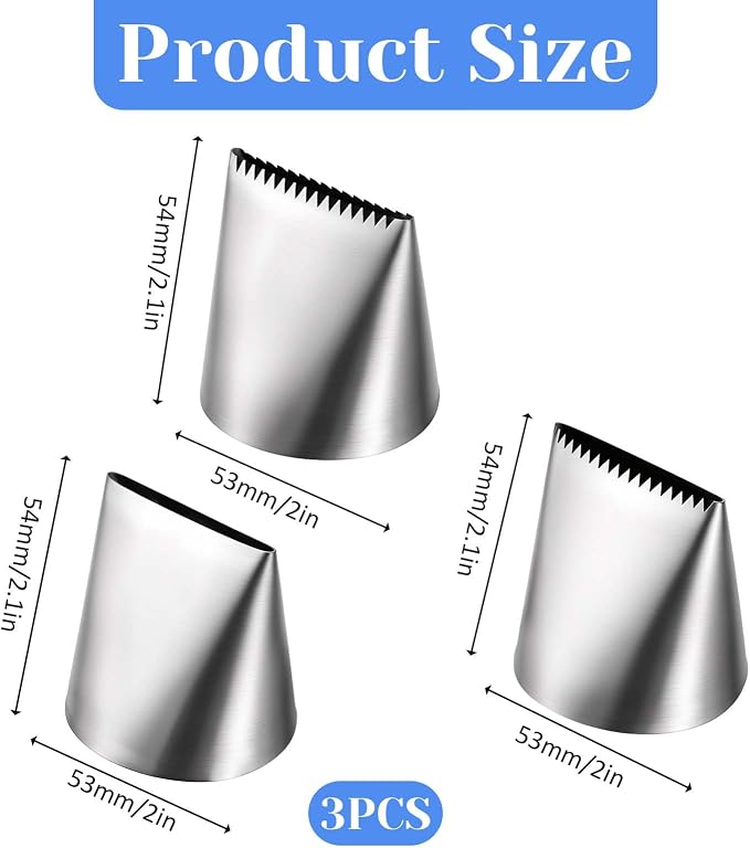 3 PCS Piping Tips Set Large Frosting Piping Kit Stainless Steel Cake Icing Nozzles Tips Decorating Tools Silver Pastry Bags Tips Accessories for Cookie Cupcake Baking Buttercream Supplies