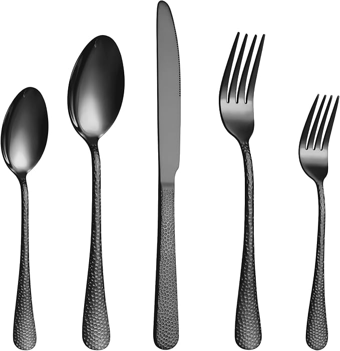 Silverware Set,20-Piece Stainless Steel Flatware Set for 4 | Food-Grade Stainless Steel Cutlery Set,Dishwasher Safe,Mirror Finished Utensil Sets for Home Restaurant,Wave Hammered,Black