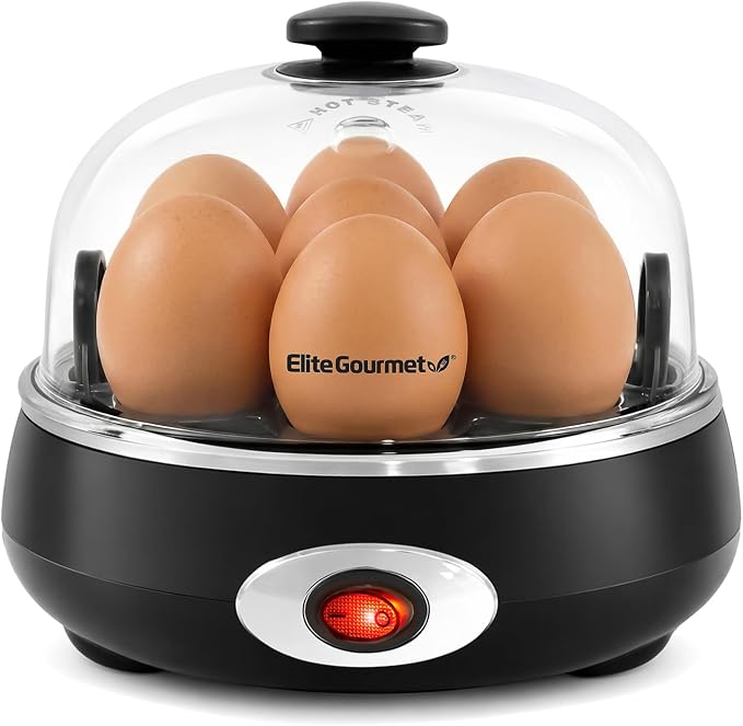 Elite Gourmet EGC007CHC Rapid Egg Cooker, 7-Egg, Charcoal Grey | Poaches, makes omelets, cooks easy-to-peel hard, medium, soft-boiled eggs - auto shut-off, alarm, 16-recipe booklet included