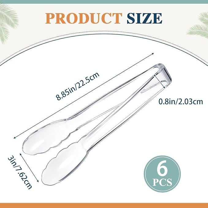6 Pcs Clear Kitchen Tongs(6 X 8.85") | Plastic Disposable for Serving Food, Ice, Salad, Barbecue, Cookies, BPA-Free