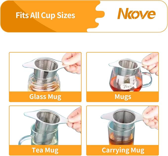 NKOVE Stainless Steel Tea Infuser, Loose Leaf Tea Strainer, Fine Mesh | Universal Tea Filter for Teapot Cup Mug, Reusable Tea Steeper Basket with Fine Mesh, Stainless Steel Infuser