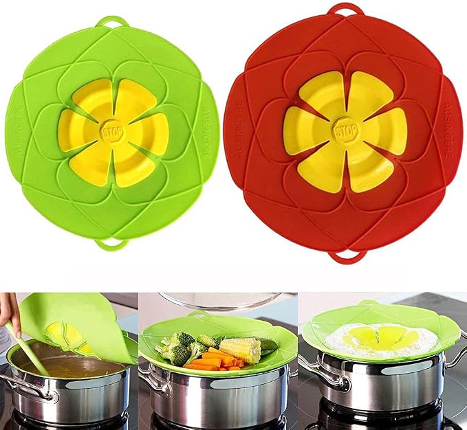 Spill Stopper Lid, Anti Spill & Boil Over Safeguard, Silicone Pot Cover, Multi-Function Kitchen Tool (11"(Red)+10.2“(Green))