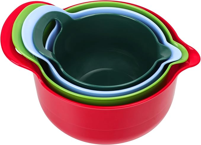 BoxedHome 4 Pack Nesting Mixing Bowl Christmas Set with Pour Spout and Handle, BPA free Microwave & Dishwasher Safe(Christmas colours, 4 Pack with Handle)