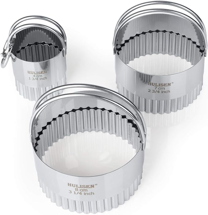 HULISEN Biscuit Cutter Set 3-Pc, Fluted Cookie Cutters with Handle | Stainless Steel, Dishwasher Safe, Etched inch/cm Markings, Gift-Ready Package, Ergonomic Arched Grip, Scones Linzer Cookies