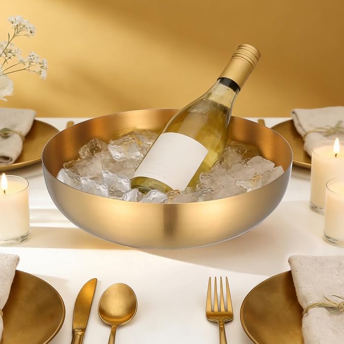 CALLARON 9.4" Stainless Steel Mixing Bowls - 75oz Gold Serving Bowl, Large Metal Decorative Bowl for Salad, Soup, Pasta, Snack, Cooking, Baking, Dishwasher Safe