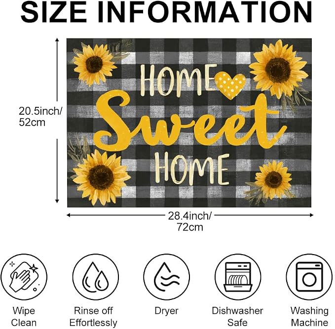 Sunflower Home Sweet Home Stove Top Cover, Buffalo Plaid, 28x20 in | Home Sweet Home sign with sunflowers on gray buffalo plaid; non-slip mat; protects glass and electric cooktops; 28x20 in