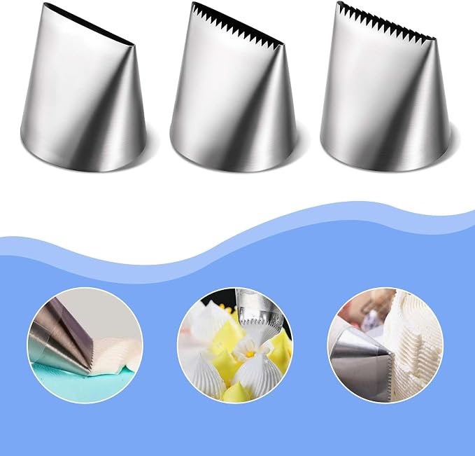 3 PCS Piping Tips Set Large Frosting Piping Kit Stainless Steel Cake Icing Nozzles Tips Decorating Tools Silver Pastry Bags Tips Accessories for Cookie Cupcake Baking Buttercream Supplies
