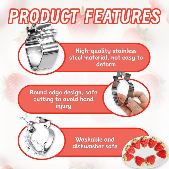 Strawberry Cookie Cutter Set,3PCS(3.5,2.5,1.5Inch) | Strawberry Shaped Cutters for Cookies,Fondant,Clay cutter, Baking Decorating Tools (Metal)