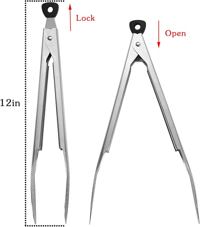 DEVICO 2Pcs 12 Inch 18/8 Stainless Steel Kitchen Tongs for Cooking, Brushed | Heat Resistant 600 Degrees BBQ Grill Tongs, Food Grade Metal Locking Tongs for Salad/Food/Serving/Frying, Dishwasher Safe