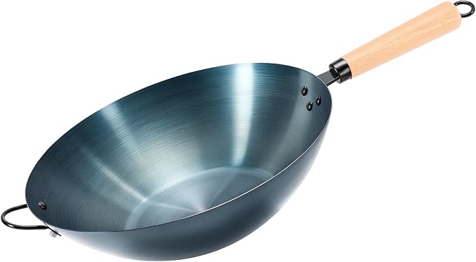 NEWBULIG 13.5" Carbon Steel Wok Pan, Pre-Seasoned Flat Bottom Wok for Stir Fry, BBQ, Grill & Camping, Compatible with Induction, Electric, Gas and Open Fire, Blue