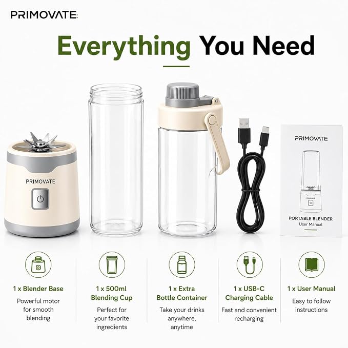 Portable Blender 2026 Model, 450ML, 18-Blade Powerful Smoothie Maker, USB Type-C Rechargeable, Ice Crushing Personal, 1500mAh Battery, 60W Motor, Travel Blender with Extra Jar & Lid