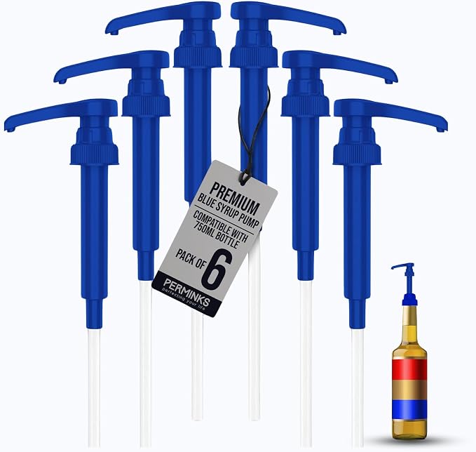 Premium Syrup Pump Compatible with Torani 750 ml Bottle, Davinci Syrups - No Spill, No Clog Syrup Pump Dispenser for Vanilla, Snow Cone, Blueberry, Coffee Flavoring & More (Pack of 6, Blue)