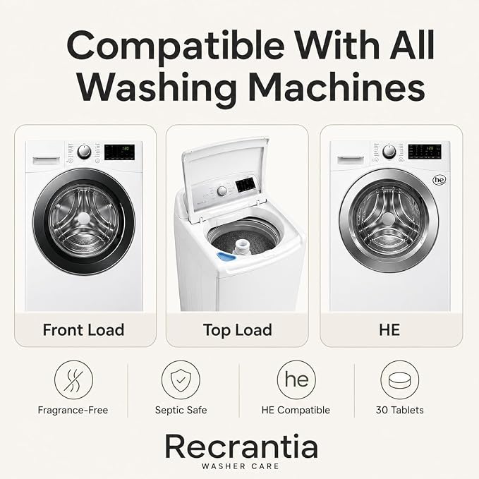 Washing Machine Cleaner Tablets for Pet Owners - 30 Count Enzyme Pet Hair Buildup Cleaner - Odor and Residue Remover Front Top Load HE Washer Tub - Fragrance-free