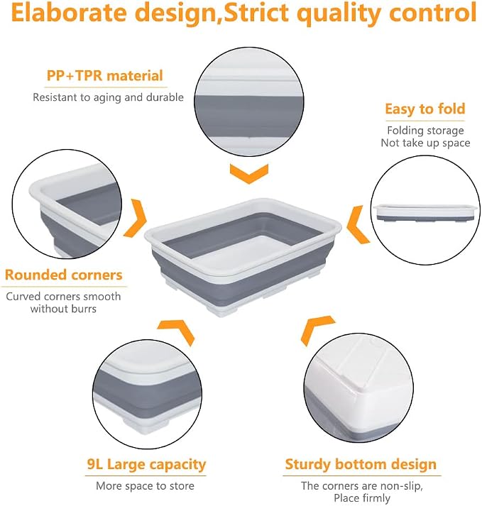 Goderewild Collapsible Dish Pans – 10L (2.6 Gal) Foldable Sink Tub, 14.7x10.6x4.6 in(L×W×H), Compact and Space-Saving Multiuse Foldable Basin for Dish Washing, Camping, RV and Vegetable Cleaning(Gray)