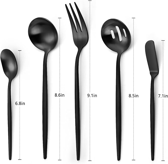 VANVRO Matte Black Serving Silverware Set, 5-Piece Round Shared Utensils Set of Stainless Steel, Hostess Flatware Serving Set, Satin Finish, Dishwasher Safe