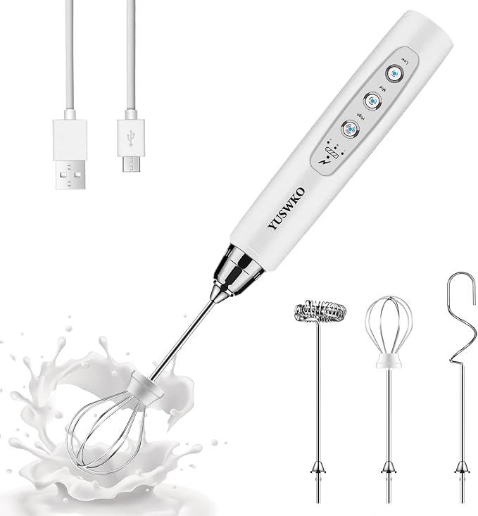 YUSWKO Handheld Milk Frother Wand for Coffee, Rechargeable Electric Whisk with 3 Heads 3 Speeds Drink Mixer Coffee Frother For Latte, Cappuccino, Hot Chocolate, Egg, White
