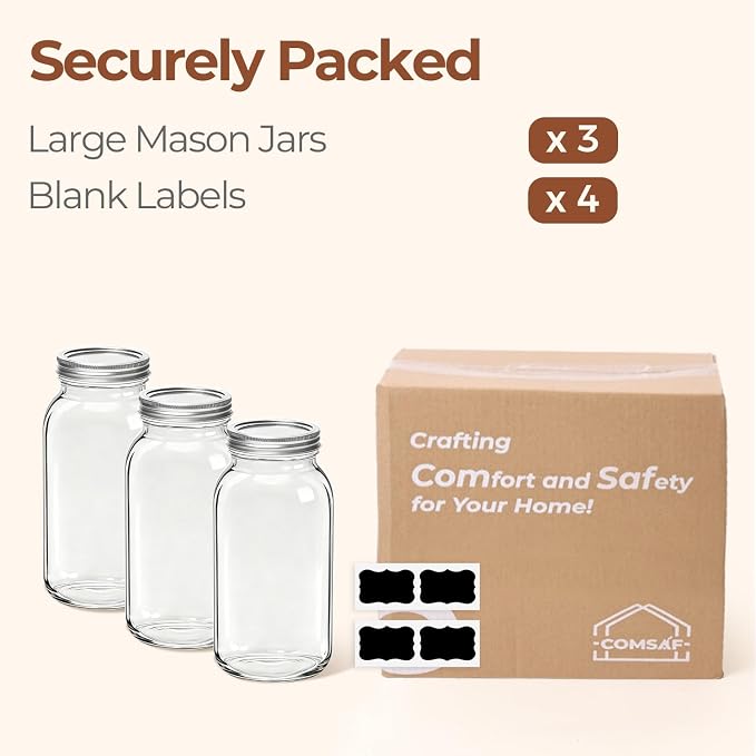 ComSaf 64 oz Wide Mouth Mason Jars 3 Pack, Half Gallon Glass Jars with Lids | BPA-Free Materials, Large Size, Canning Pickling Sauce, Meal Prep Salad, Sourdough, Flour And Sugar For Baking, Food Storage