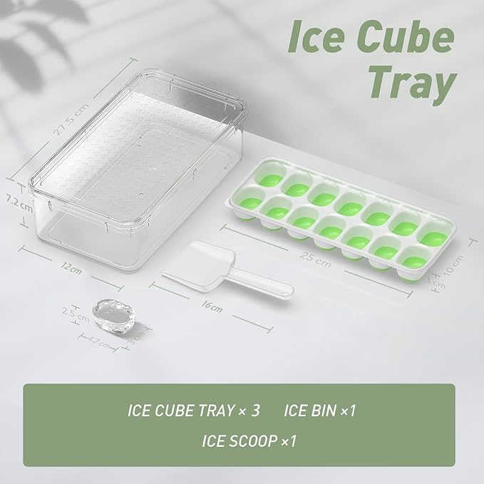 ChefAide Ice Cube Tray with Lid and Bin, 3 Packs 42 Cubes Silicone Plastic Ice Cube Trays for Freezer, Stackable Ice Tray with Container, Ice Scoop for Drinks, Coffee and Cocktails