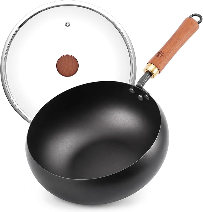 WANGYUANJI 9.5-Inch Carbon Steel Wok with Lid, Flat Bottom Stir Fry Pan | Deep 3.5 QT bowl for 1–2 servings; smooth carbon steel surface; flat base for induction, gas, electric and ceramic cooktops