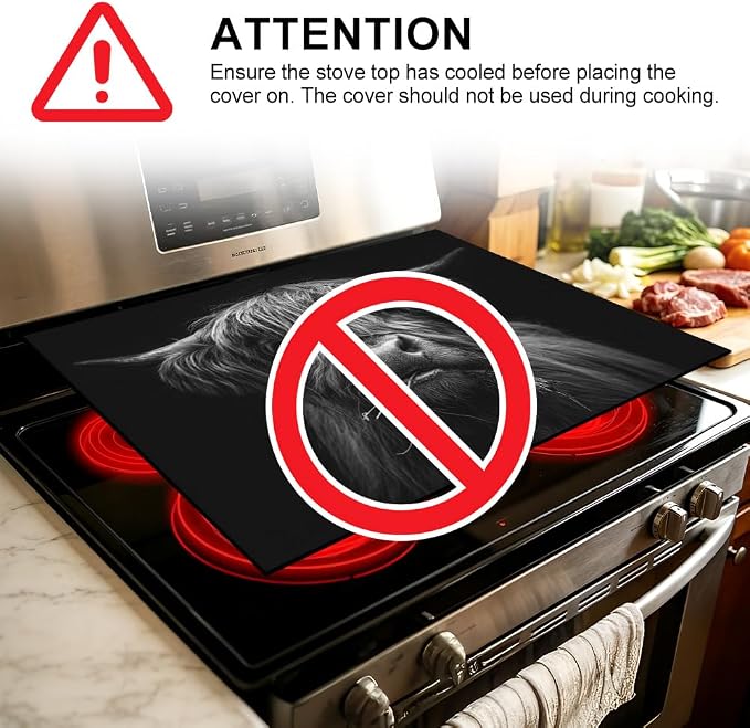 Highland Cow Stove Top Cover, Black and White, 28x20 in | Black and white highland cow close-up on black; non-slip washable mat; protects glass and electric cooktops; 28.4 x 20.5 in