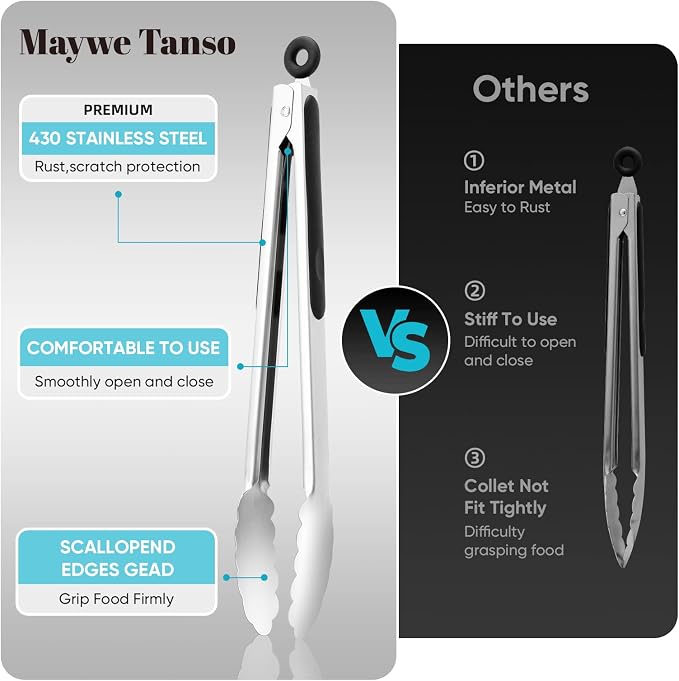 12-Inch Kitchen Tongs for Cooking,Heat-Resistant Stainless Steel Tong,Black | For BBQ/Cooking/Grilling/Serving/Salad,Locking Cooking Tongs Food Tongs | Heavy Duty, Food-Grade,Dishwasher Safe