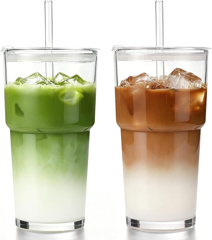Iced Coffee Cups with Lids 2Pcs: Coffee Bar Accessories - Glass Tumbler with Straw and Lid 20oz - Vintage Glass Cups with Lids and Straws - Tumbler Leak Proof Aesthetic Drinkware for To Go Iced Coffee