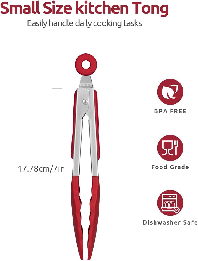 U-Taste Kitchen Tong for Cooking, 600ºF Heat-Resistant Silicone, 7in/Red | Small Mini Silicon Tongs for Serving Food, Short Salad Thong with Non Stick Rubber Tips & 18/8 Stainless Steel Handle
