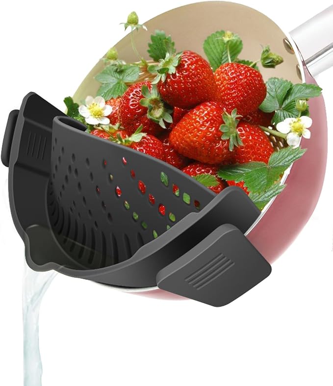 YEVIOR Clip on Strainer for Pots Pan Pasta,Silicone Food Pan Strainer | Food-grade BPA-free,Kitchen Food Strainer for Spaghetti, Pasta,Vegetable Fruits Fits All Bowls and Pots (Black)