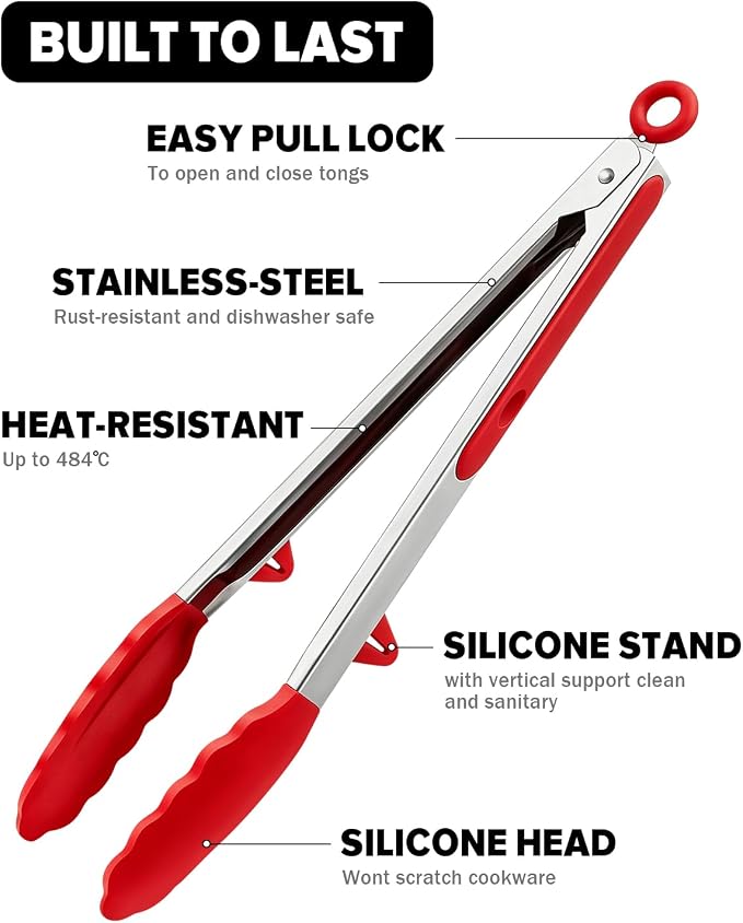 Kitchen Tongs for Cooking, Non Scratch Silicone Tip for Nonstick Cooking Pans, Food Grade Mini Serving Tongs, Pull Lock, Set of 3 (Red, 12 inch)