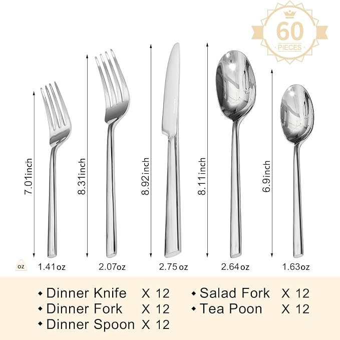 Silverware Set, 60-Piece Forged Flatware Set Cutlery Set Premium Stainless Steel, Service for 12, for Kitchen, Home, Wedding, Party, Mirror Polished and Dishwasher Safe