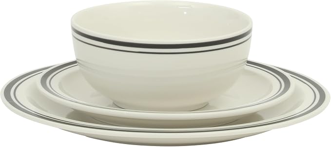 Gibson Home Hometown Diner 12-Piece Porcelain Dinnerware Set, Round Plates and Bowls Set for 4, White with Black Rim, Dishwasher Safe – Dinner Plate, Salad Plate & Cereal Bowl