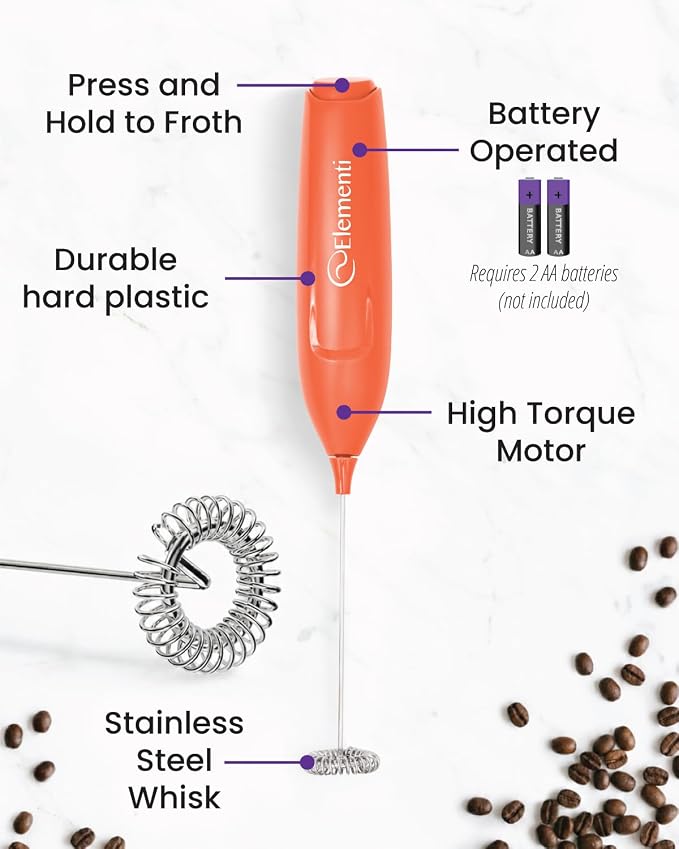 Elementi Powerful Frother Wand – Lightweight Milk Frother & Drink Mixer Handheld, Matcha Whisk for Dreamy Lattes, Powerful Coffee Mixer Wand & Stirrer - Make Creamy Cappuccinos at Home (Orange)