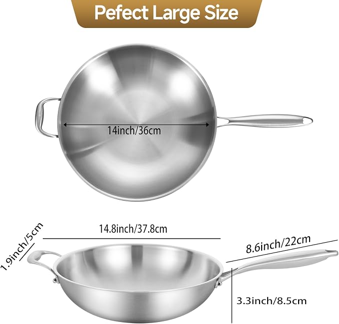 LOLYKITCH 14.5 Inch Stir-Frying Wok Pan | Tri-Ply Stainless Steel | Induction Cooking Wok Pan | Dishwasher and Oven Safe | Heavy Duty | Detachable Handle