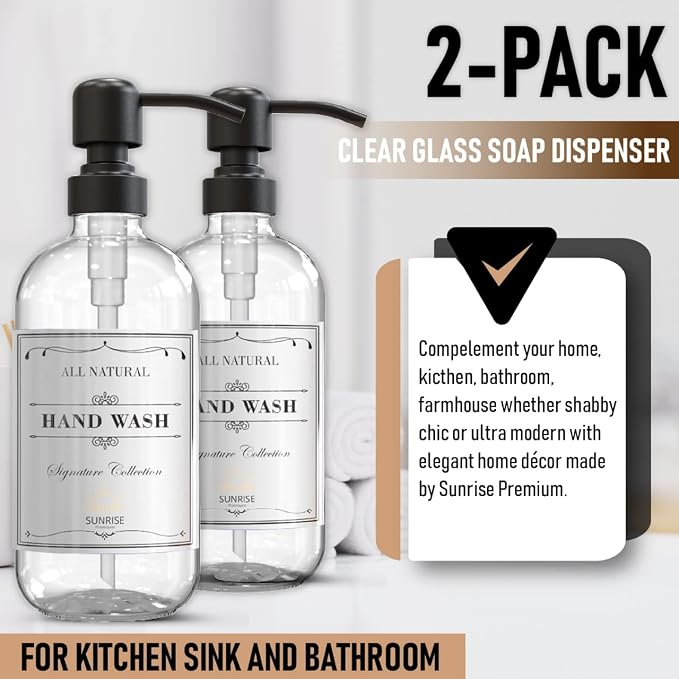 Clear Glass Soap Dispenser with Pump, 16 oz | Clear Glass, Matte Black Stainless Steel Pump, Bathroom and Kitchen Sink use, 6 Waterproof Labels, (Pack of 2)