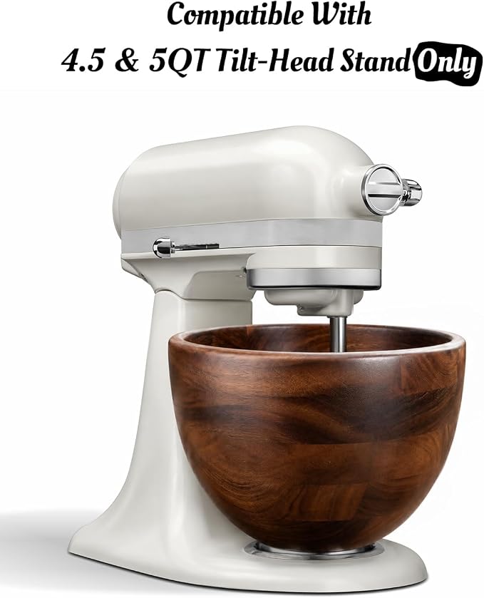 Premium Solid Walnut Wood Mixing Bowl, Compatible with KitchenAid 4.5 & 5 QT Tilt-Head Stand Mixer, Wooden Mixing Bowls for Mixer with Stainless Steel Locking Base, A Thoughtful Gift for Mixer Owners
