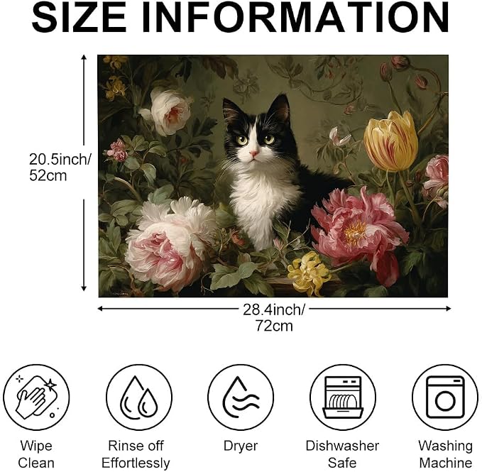 Tuxedo Cat Floral Stove Top Cover 28.35x20.47 in Non Slip | Heat Resistant Cooktop Protector Mat with Non-Slip Backing, Scratch Protection and Countertop Drying Mat.