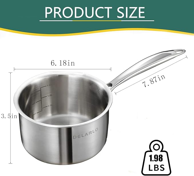 DELARLO Full-body Clad Tri-ply Stainless Steel 1 Quart Saucepan with Lid | Small Stainless Steel Pot Induction Cooking Sauce Pot Pan, Heavy Duty Saucier Cookware, Fast Even Heats, PFOA&PTFE Free