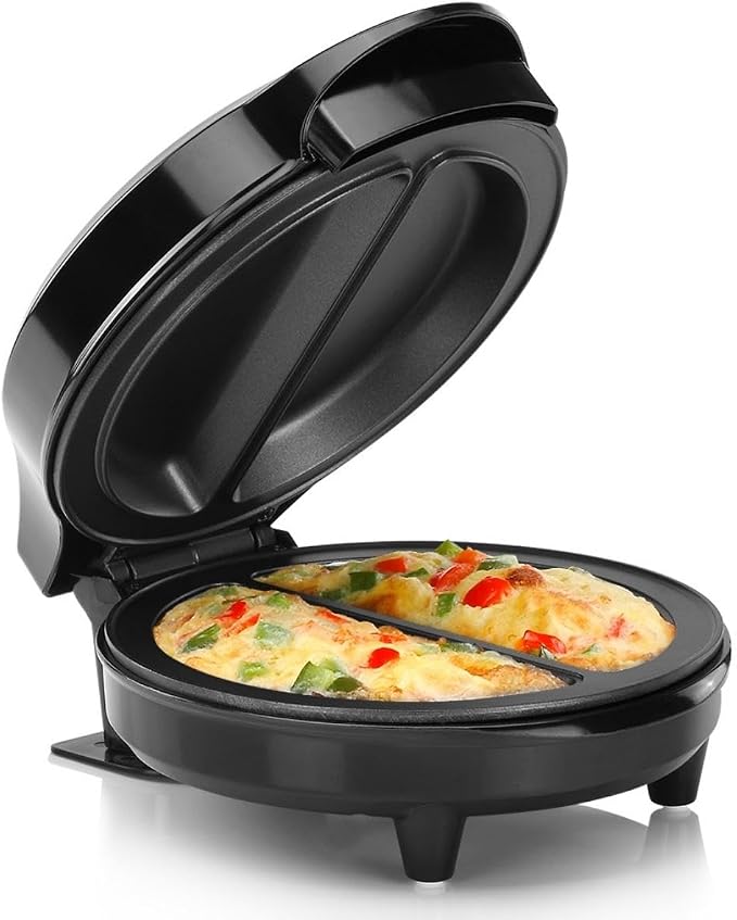 Holstein Housewares Stainless Steel 2 Section Omelet & Frittata Maker, Non Stick Coating, Easy To Clean, Indicator Lights, Compact Storage, Prepare Versatile Recipes in Minutes. 2 Portions, Black