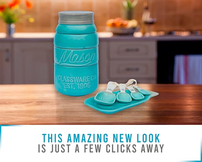 Comfify Aqua Blue Mason Jar Measuring Set – 4 Cups, 4 Spoons, Spoon Rest | Aqua Blue; ceramic; 9-piece set; 4 measuring cups + 4 measuring spoons + spoon rest; mason jar design; hand wash only