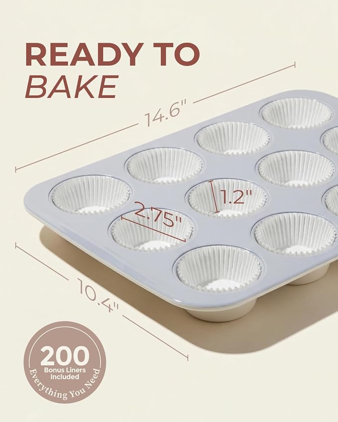 CARTMAN Ceramic Muffin Pan 12 Cup with 200 Cupcake Liners, Non-Stick & Non-Toxic Baking Tin for Healthy Muffins and Cupcakes, Perfect for Home Kitchens and Parties