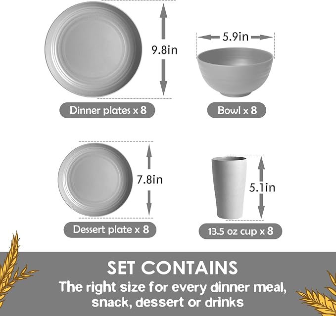Teivio 32-Piece Plates and Bowls Sets for 8, Light Gray Dinnerware Sets | 13.5oz Cups, Plastic Wheat Straw Unbreakable Dish Set, Dishwasher Safe, for Outdoor Camping RV Apartment Essentials Plate Set