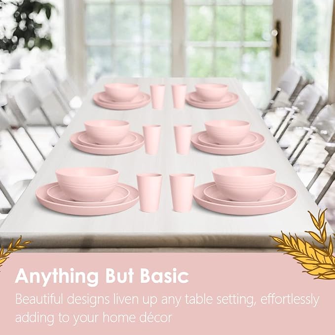 Teivio 32-Piece Plates and Bowls Sets for 8, Pink Kitchen Dinnerware Sets | 13.5oz Cups, Plastic Wheat Straw Unbreakable Dish Set, Dishwasher Safe, for Outdoor Camping RV Apartment Essentials Plate Set