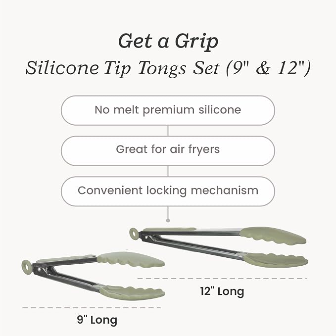 Starpack Get a Grip Silicone Kitchen Tongs (2-Pack, 9" + 12") - LFGB Non Toxic, 600°F Heat Resistant, BPA-Free - Heavy-Duty Stainless Steel, Locking - Dishwasher Safe for Nonstick Cookware Sage Green