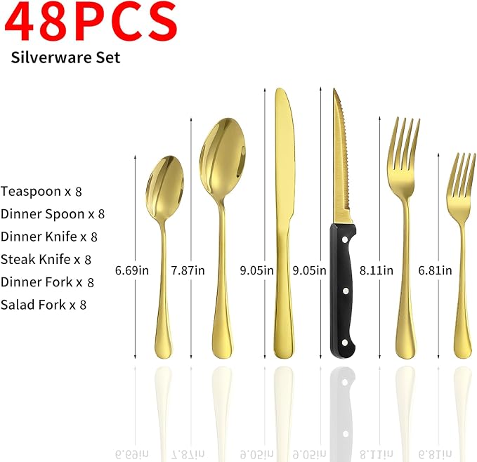 48-Piece Gold Silverware Set with Steak Knives Gold Stainless Steel Flatware Set for 8 Food Grade Tableware Cutlery Set Rust-proof, Mirror Polished, Dishwasher Safe