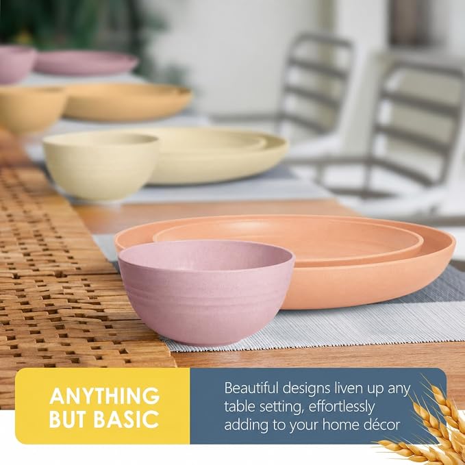 Teivio 32-Piece Plates and Bowls Sets for 8, Pink Ombre Dinnerware Sets | 13.5oz Cups, Plastic Wheat Straw Unbreakable Dish Set, Dishwasher Safe, for Outdoor Camping RV Apartment Essentials Plate Set
