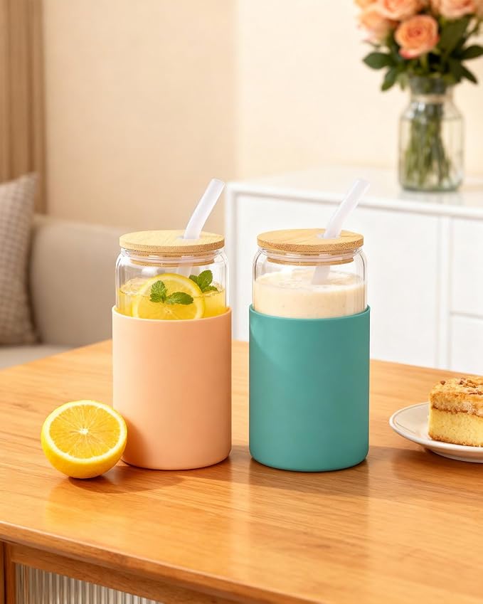 16 oz Glass Cups with Lids - 2 Pack Iced Coffee Cups with Silicone Sleeves | Anti-Slip, Bamboo Lids, Iced Coffee Cup, Home Essential, Coffee Bar Accessories, Glass Tumbler, Reusable, Matcha Cup