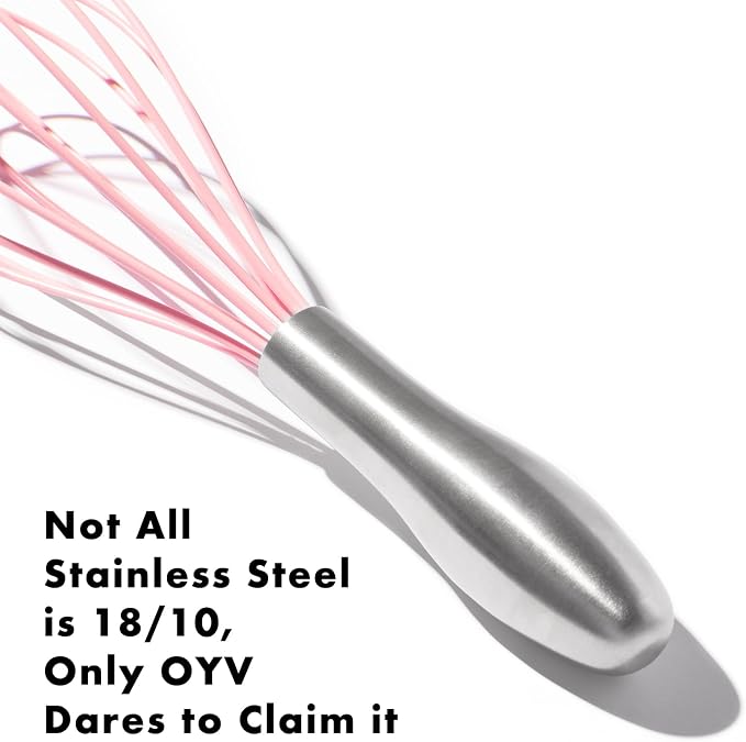 OYV 10-Inch Pink Silicone Whisk, Non-Scratch, 18/10 Stainless Steel Handle | 480°F Heat Resistant, BPA-Free Silicone, Sealed Waterproof Handle, Nonstick-Safe, Dishwasher Safe
